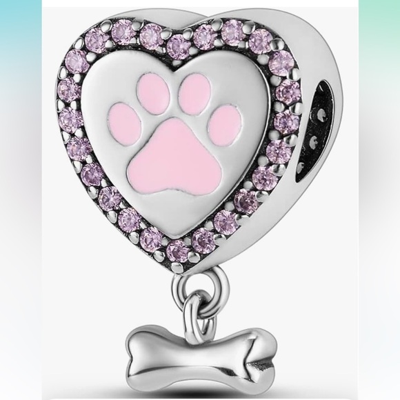 Jewelry - Silver Heart Charm with Pink Paw print puppy or kitty parents love